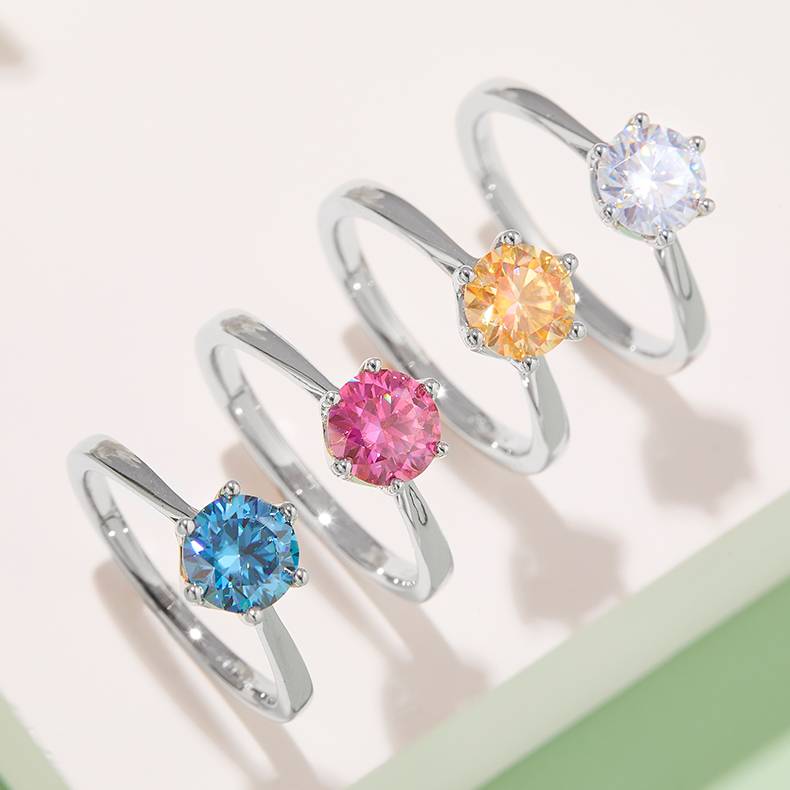 直臂新六爪S925银镀白金MoissaniteWomen's Ring1ctD级